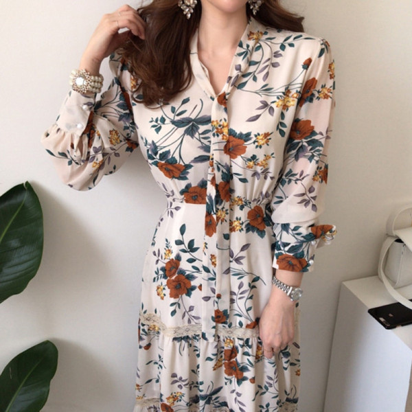 Rochie casual de dama cu motiv floral si maneci lungi