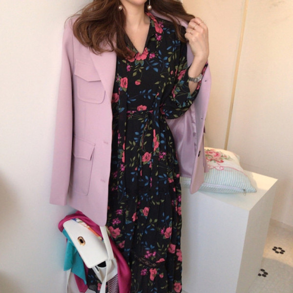 Rochie casual de dama cu motiv floral si maneci lungi