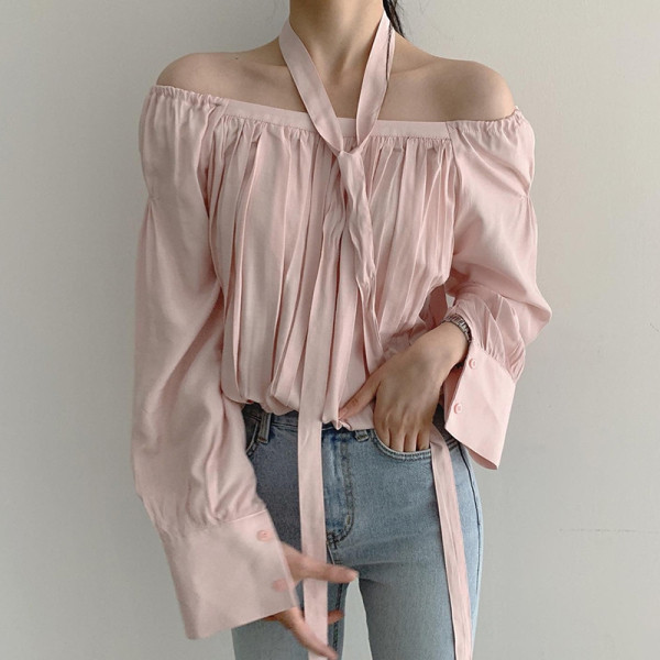 Cămașă modernă de toamnă de damă cu umerii goi model larg