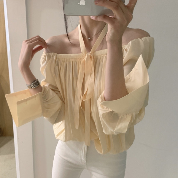 Cămașă modernă de toamnă de damă cu umerii goi model larg