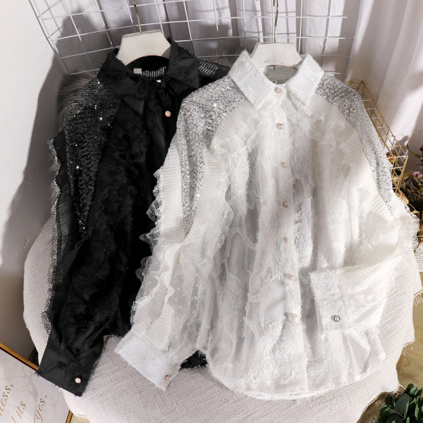 Camasa lunga de dama eleganta cu nasturi si paiete