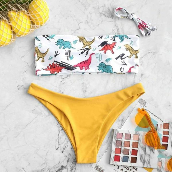 Costum de baie din două piese cu top cu panglică și dinozauri