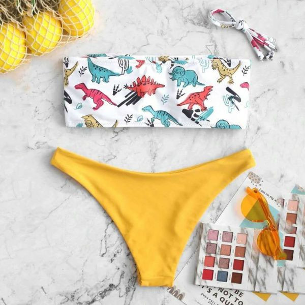 Costum de baie din două piese cu top cu panglică și dinozauri