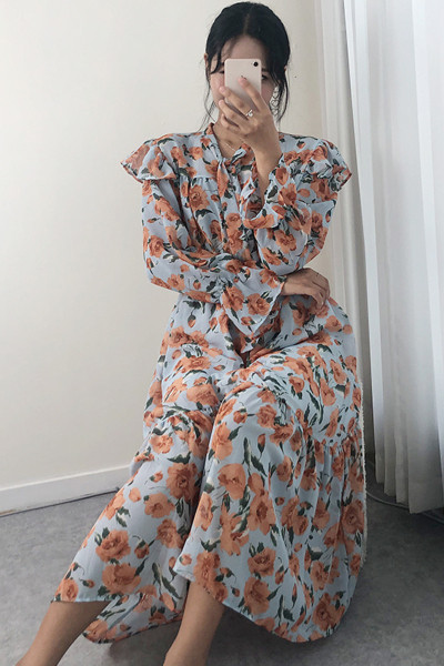 Rochie lunga de dama cu motiv floral si panglica la guler