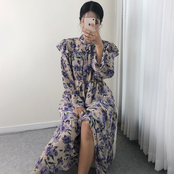 Rochie lunga de dama cu motiv floral si panglica la guler