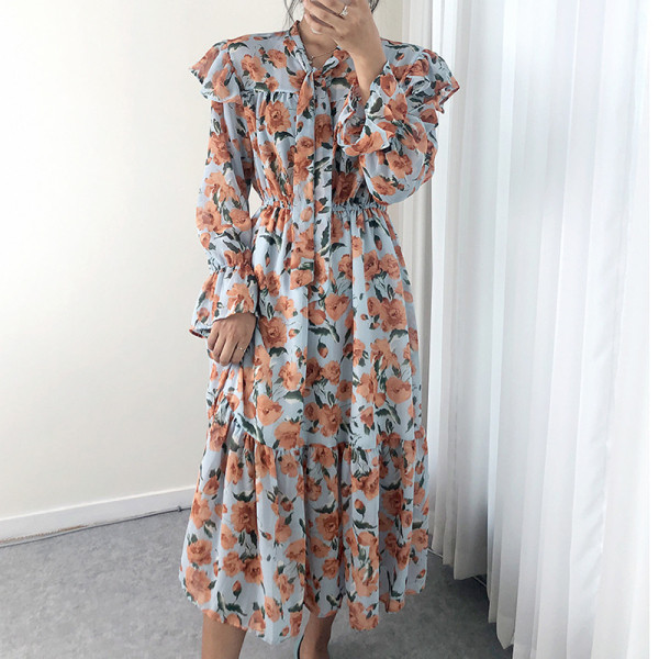 Rochie lunga de dama cu motiv floral si panglica la guler