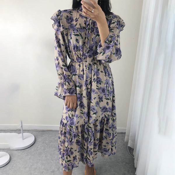 Rochie lunga de dama cu motiv floral si panglica la guler