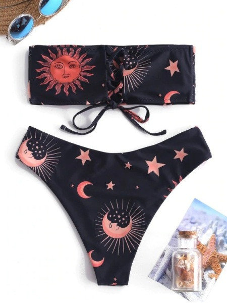 Costum de baie de damă în două părți cu legături încrucișate în partea de sus