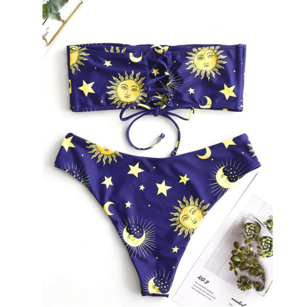 Costum de baie de damă în două părți cu legături încrucișate în partea de sus