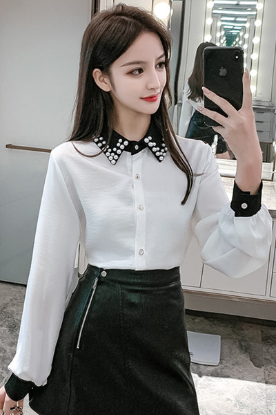 Cămașă de damă de ultimă generație cu guler clasic și perle