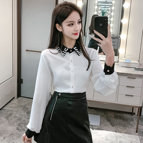 Cămașă de damă de ultimă generație cu guler clasic și perle