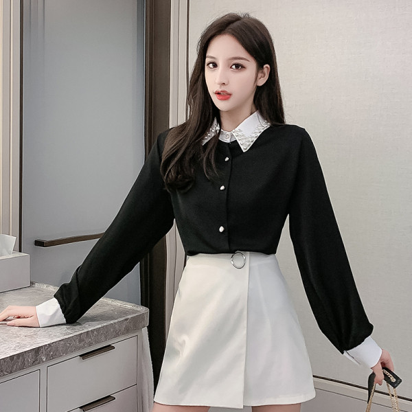 Cămașă de damă de ultimă generație cu guler clasic și perle