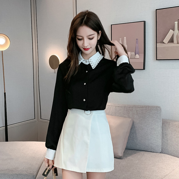 Cămașă de damă de ultimă generație cu guler clasic și perle