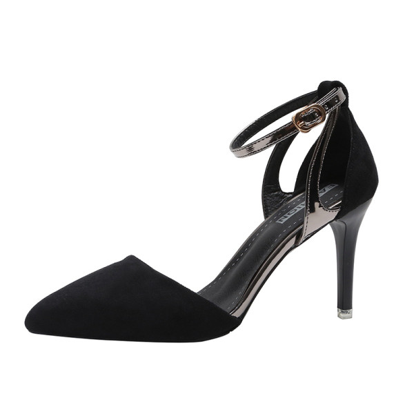 Pantofi eleganti de dama cu toc inalt si catarama din piele intoarsa ecologica