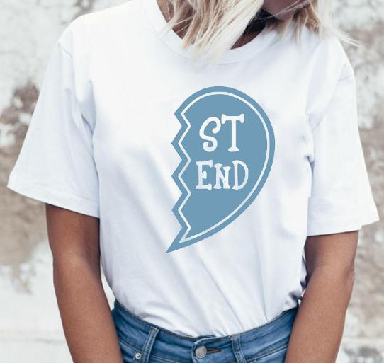 Tricou casual alb cu maneci scurte si decolteu oval cu inscriptia Best Friend