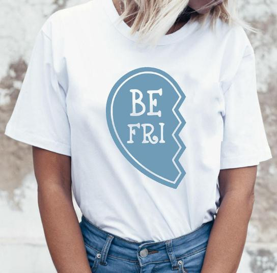 Tricou casual alb cu maneci scurte si decolteu oval cu inscriptia Best Friend