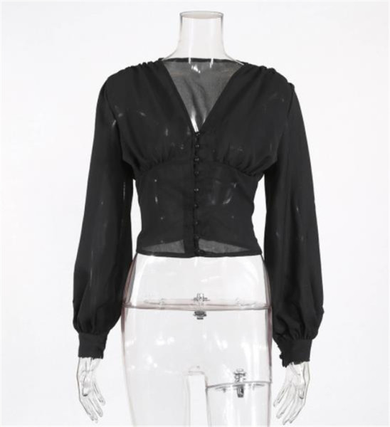 Stílusos női ing spitz nyakkivágással és hosszú, széles ujjakkal