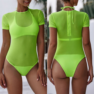 Costum de baie model neon cu maneci scurte si decolteu oval