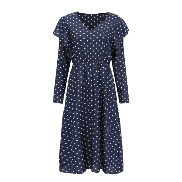 Lezser női pöttyös ruha hegyes nyakkivágással és hosszú ujjakkal