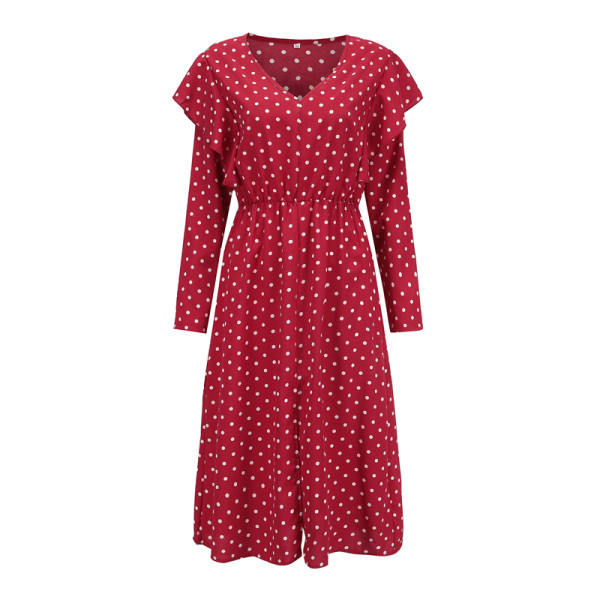 Lezser női pöttyös ruha hegyes nyakkivágással és hosszú ujjakkal