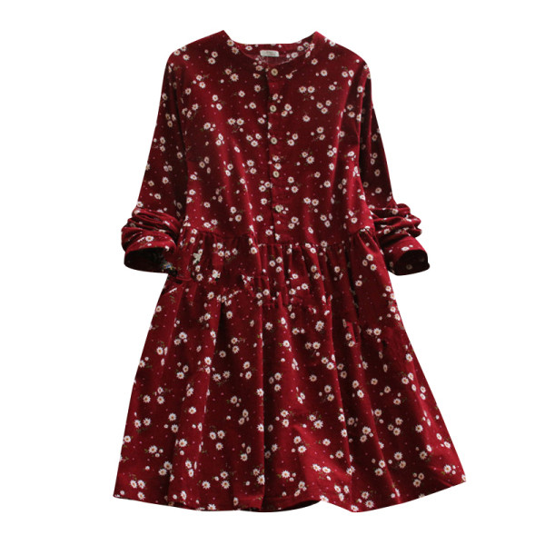 Alkalmi női ruha kordbársonyból, hosszú ujjal, virágmintával