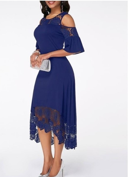 Стилна дамска асиметрична рокля с дантела и голи рамене