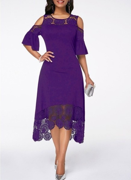 Стилна дамска асиметрична рокля с дантела и голи рамене