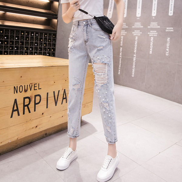 Moodsad pärlitega naiste teksad kõrge vöökohaga