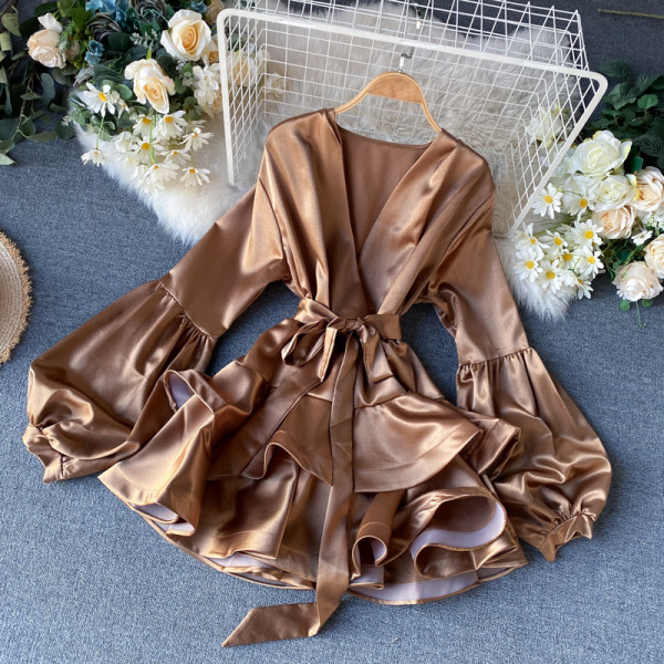 Új modell szatén női ruha V-nyakú és hosszú ujjú