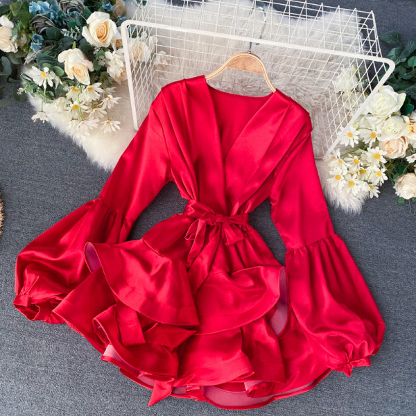 Új modell szatén női ruha V-nyakú és hosszú ujjú