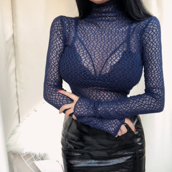 Testre szabott átlátszó blúz pólógallérral és hosszú ujjal