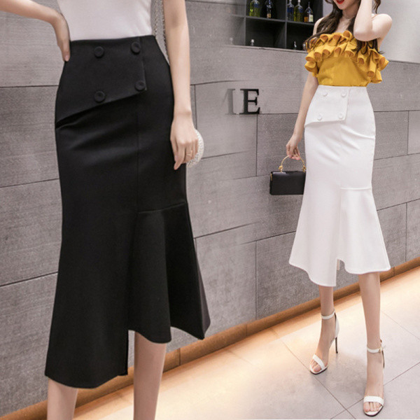 Modern női hosszú szoknya gombokkal, magas derékkal