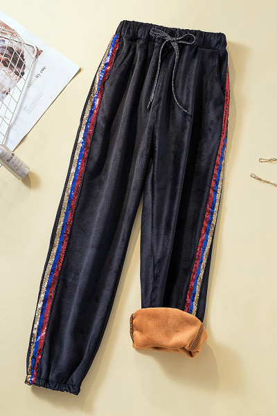Modern női bársony nadrág elasztikus derékkal, puha béléssel és színes flitterekkel