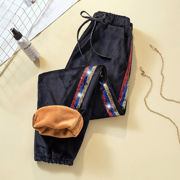 Modern női bársony nadrág elasztikus derékkal, puha béléssel és színes flitterekkel