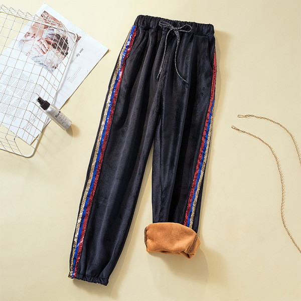 Modern női bársony nadrág elasztikus derékkal, puha béléssel és színes flitterekkel