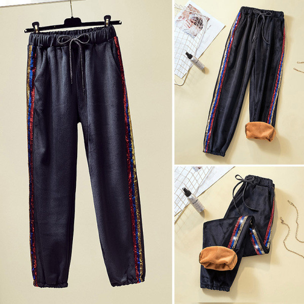 Modern női bársony nadrág elasztikus derékkal, puha béléssel és színes flitterekkel