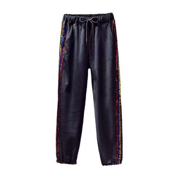 Modern női bársony nadrág elasztikus derékkal, puha béléssel és színes flitterekkel