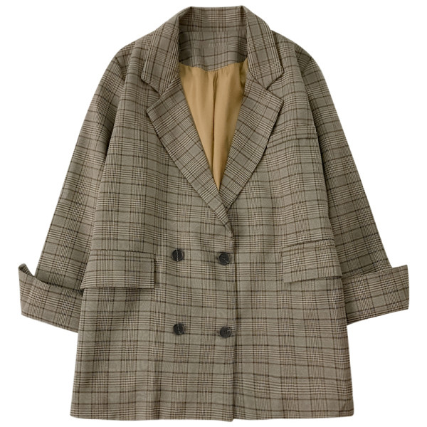 Stílusos női kockás kabát V-nyakkal és dupla rögzítéssel