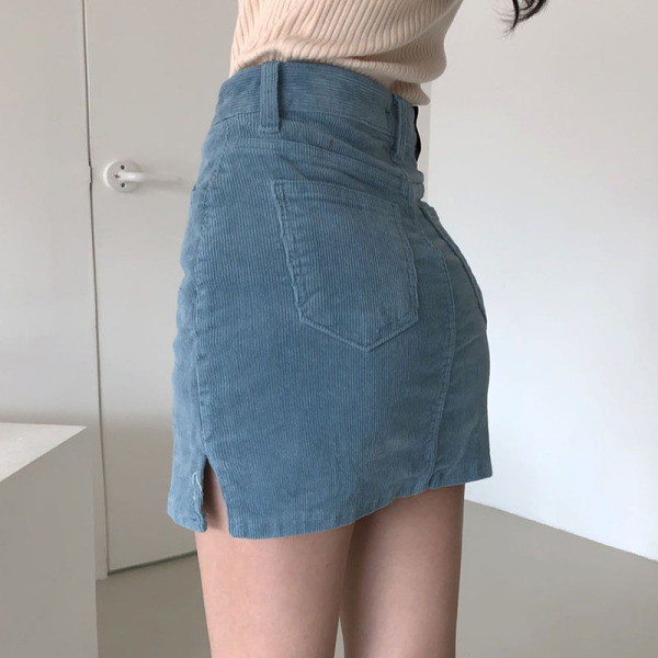 Női kordbársony szoknya magas derékkal és hasítékkal