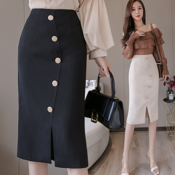 Stilingas moteriškas sijonas su sagomis ir skeltuku