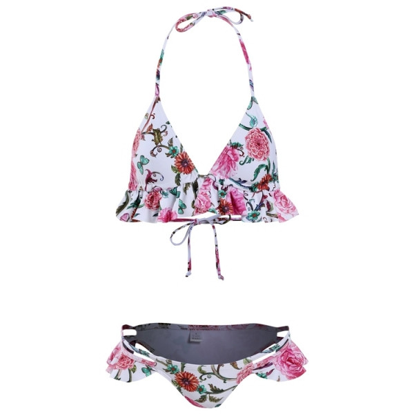 Modern női fürdőruha virágmintával és fürtökkel