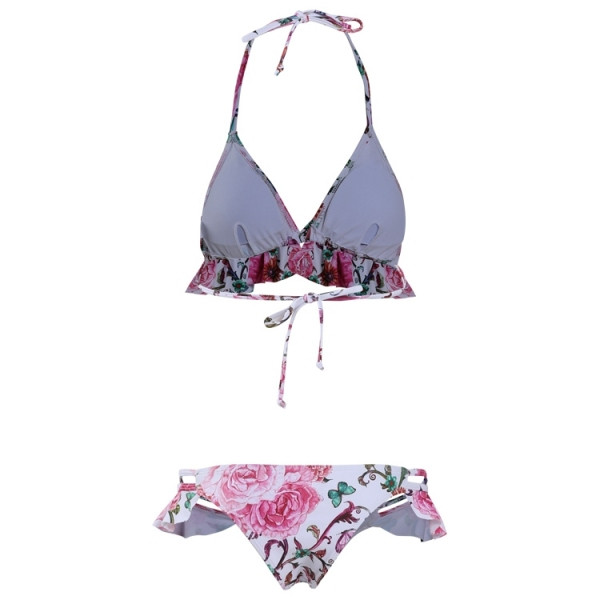 Modern női fürdőruha virágmintával és fürtökkel