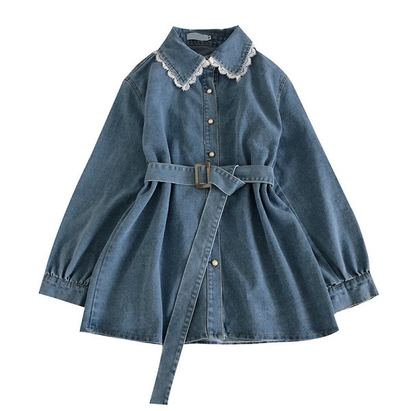 Modern női farmer ruha övvel és csipkegallérral