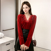 Új modell női bársony blúz csipkével és spitz nyakkivágással