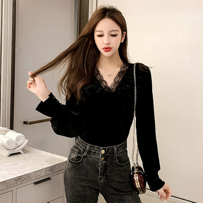 Új modell női bársony blúz csipkével és spitz nyakkivágással