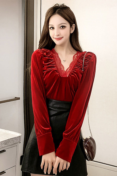 Új modell női bársony blúz csipkével és spitz nyakkivágással