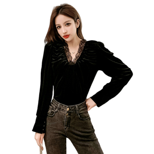 Új modell női bársony blúz csipkével és spitz nyakkivágással