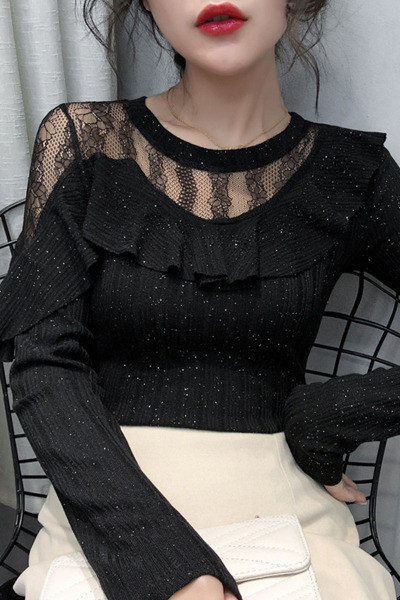 Új modell női blúz ovális nyakkivágással, tüllel és hosszú ujjal