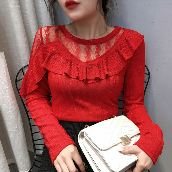 Új modell női blúz ovális nyakkivágással, tüllel és hosszú ujjal