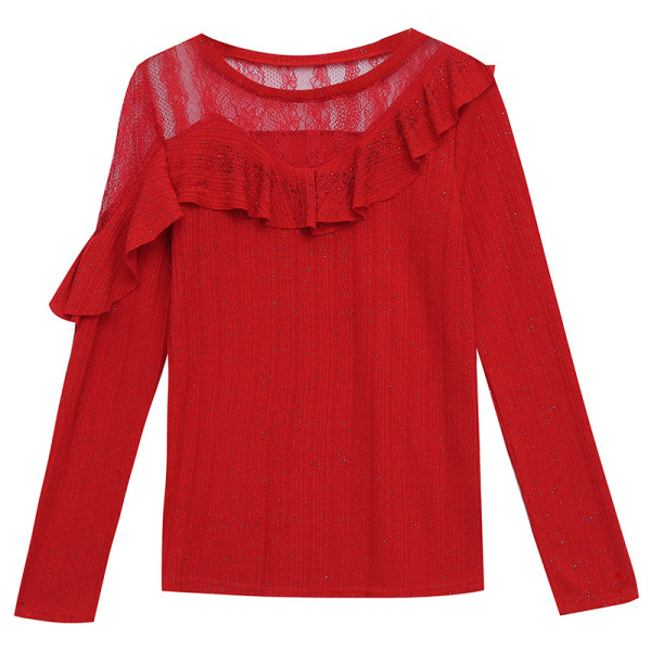 Új modell női blúz ovális nyakkivágással, tüllel és hosszú ujjal